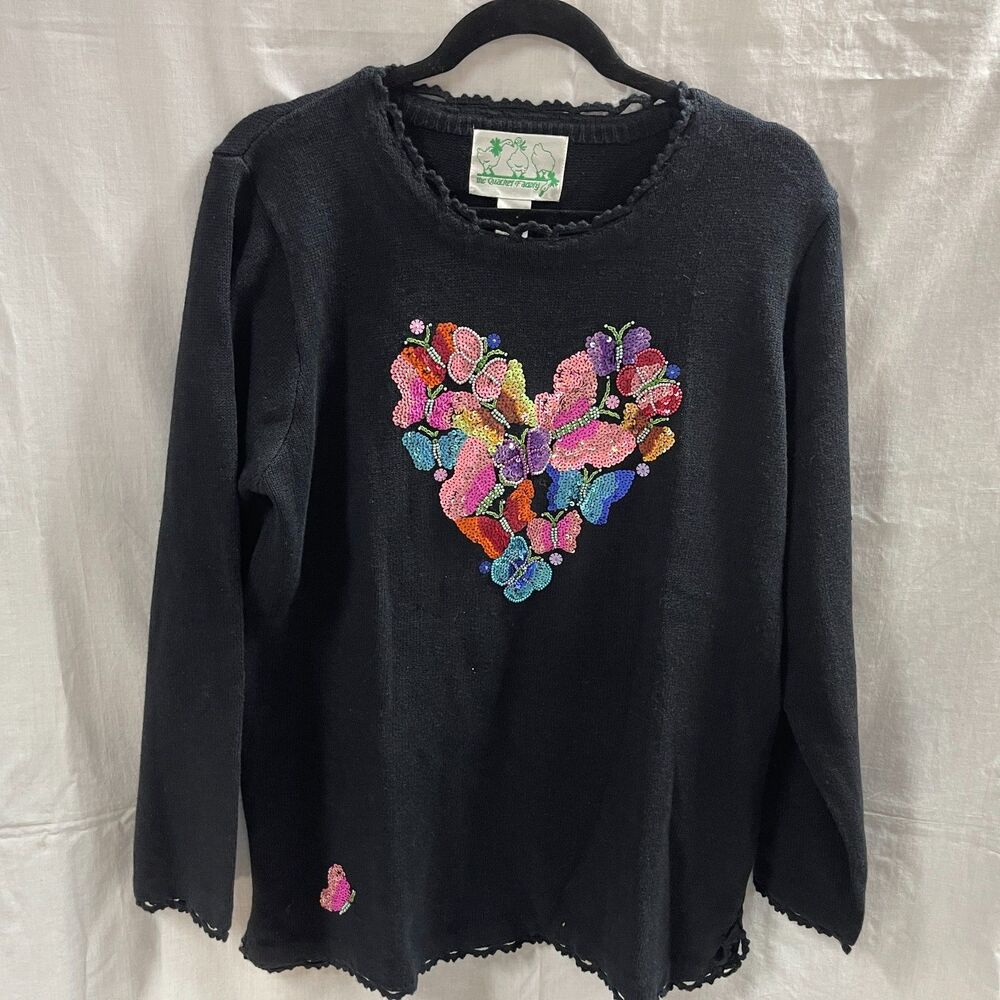 Quacker Factory Heart Beaded Sequins Heart Butterfly Sweater Large Tags